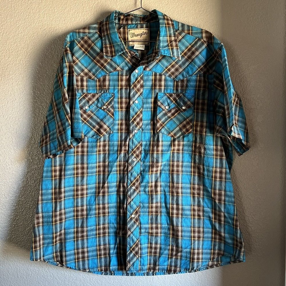 Men’s Wrangler Wester Pearl Snap Button Up Shirt Blue Size XXL